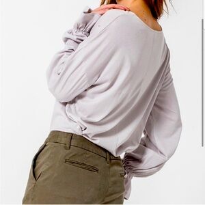 Ladies long sleeve soft gray ruffled blouse